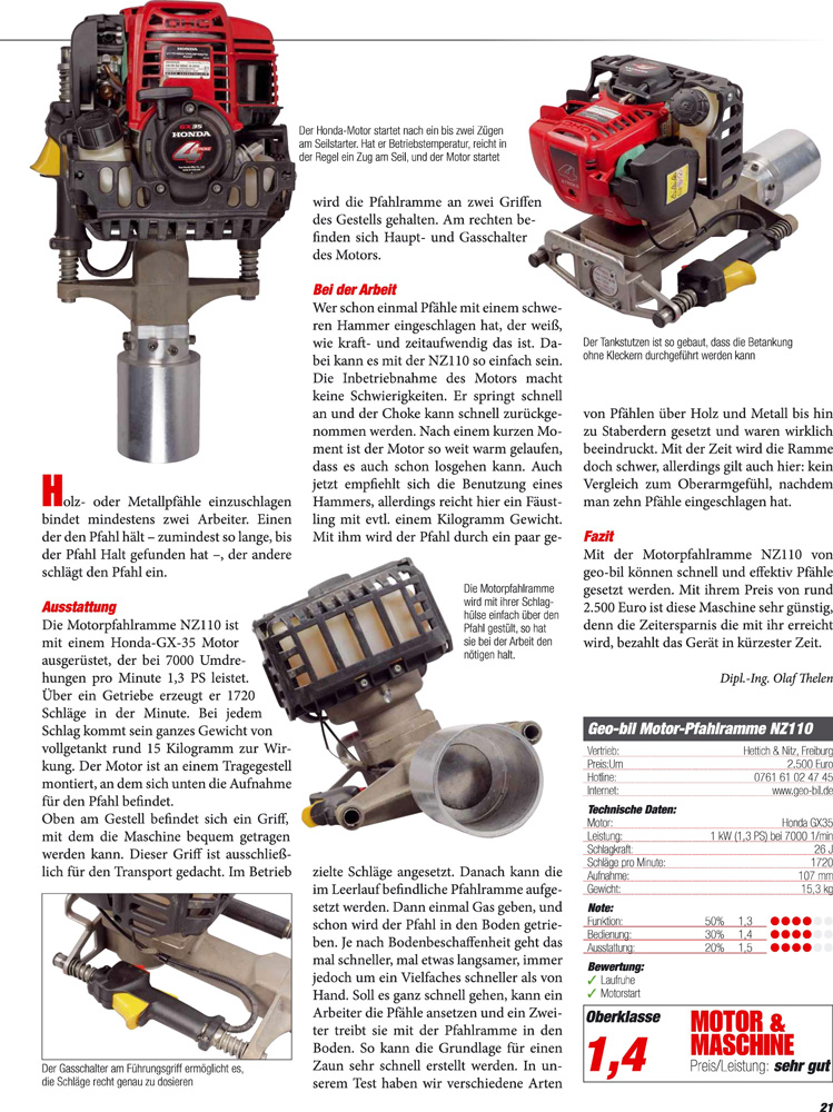 Testbericht Motor-Pfahlramme im Magazin Motor und Maschine